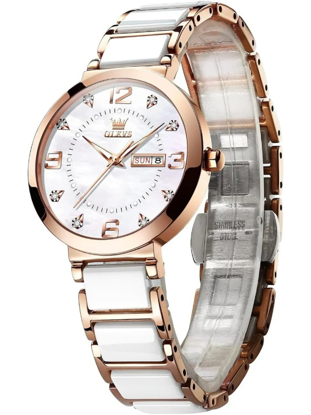 Women's Silver Rose Gold Ceramic Two Tone Ladies Casual Wristwatch Day Date Gift